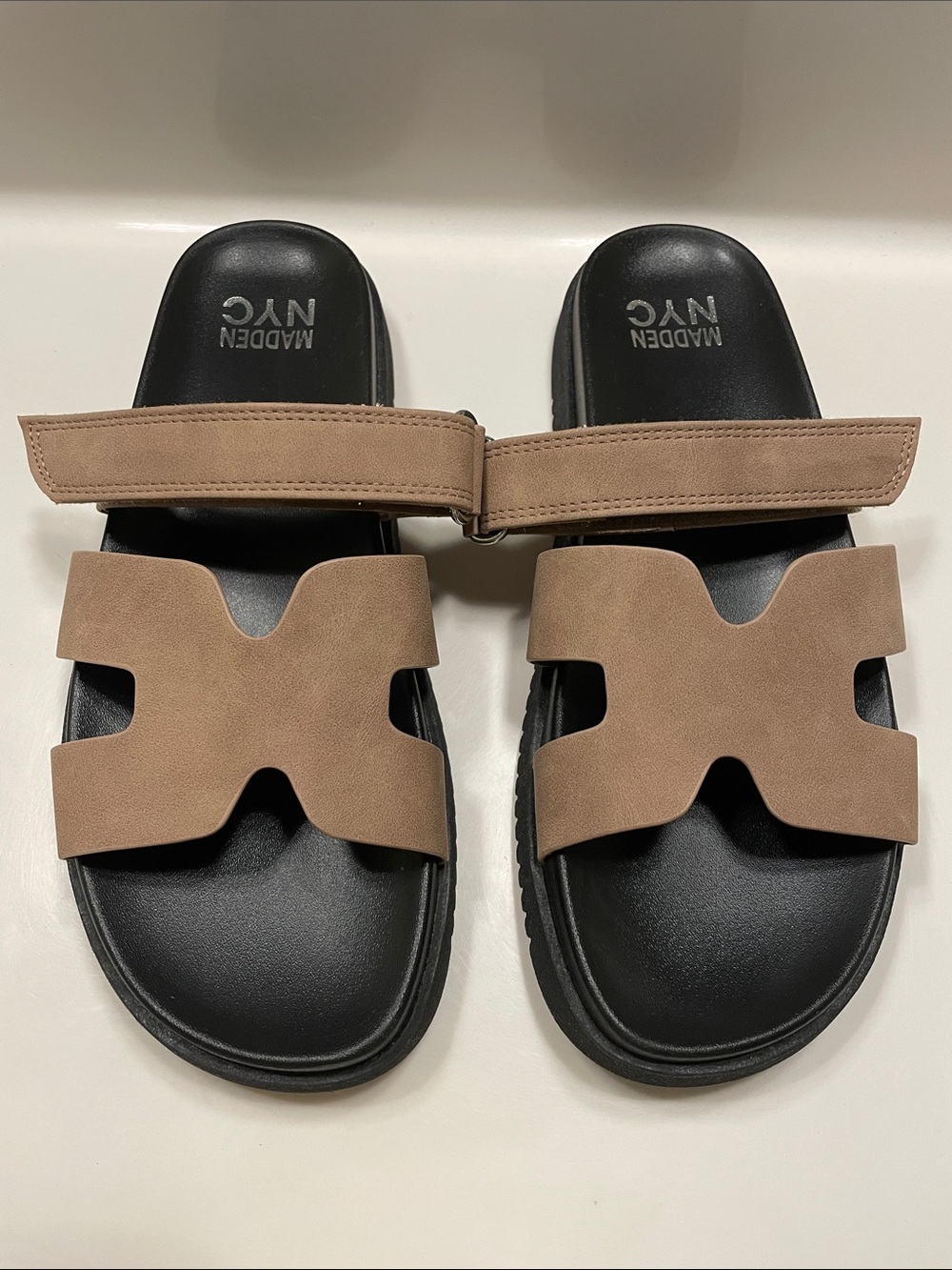 Madden NYC Women’s Taupe Black Strap Slide Sandals